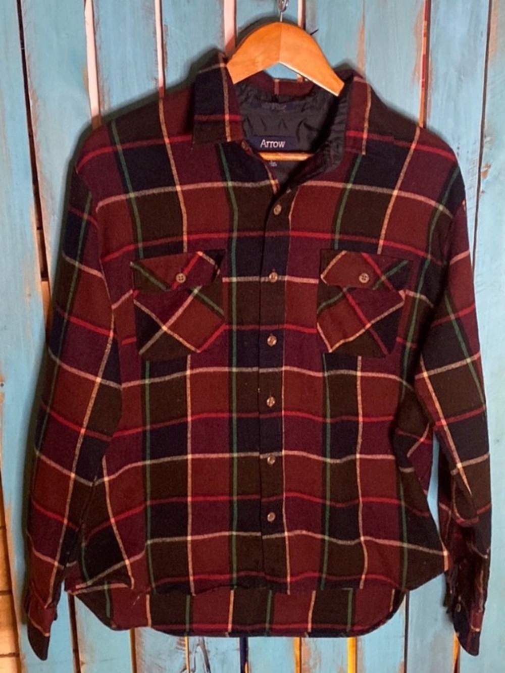 Vintage 90s Arrow acrylic plaid flannel shirt size large brown red black green